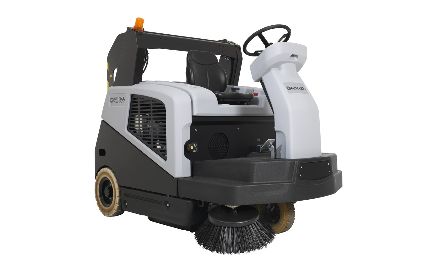 Nilfisk SW5500 ride-on sweeper — three-quarter angled rear-right view of the white-bodied model showing the operator seat, ROPS bar with amber warning beacon, retractable side broom deployed at the front-right, drive head visible behind the broom, large foam-filled drive wheels and the