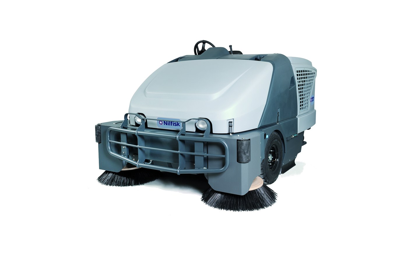 Nilfisk SW8000 — head-on view of the industrial ride-on sweeper showing the protective steel front bumper bar, twin headlights, dual side brooms, large foam-filled rear tyre and the polyethylene covers over a steel chassis