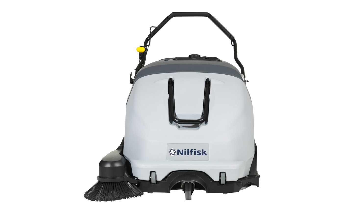 Nilfisk SW900 walk-behind sweeper — front-on view of the white-bodied battery model with the Nilfisk badge centred on the cowl, side broom deployed to the lower-left, yellow safety stop on the handlebar, balanced two-handle hopper grip across the top, and the foldable handlebar visible above, set against a clean white background